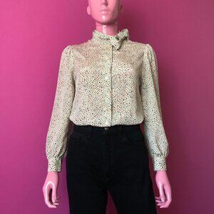 Vintage 80s SP Satin Blouse Bow Confetti Long Sleeve Cream Beige Dress Shirt Top